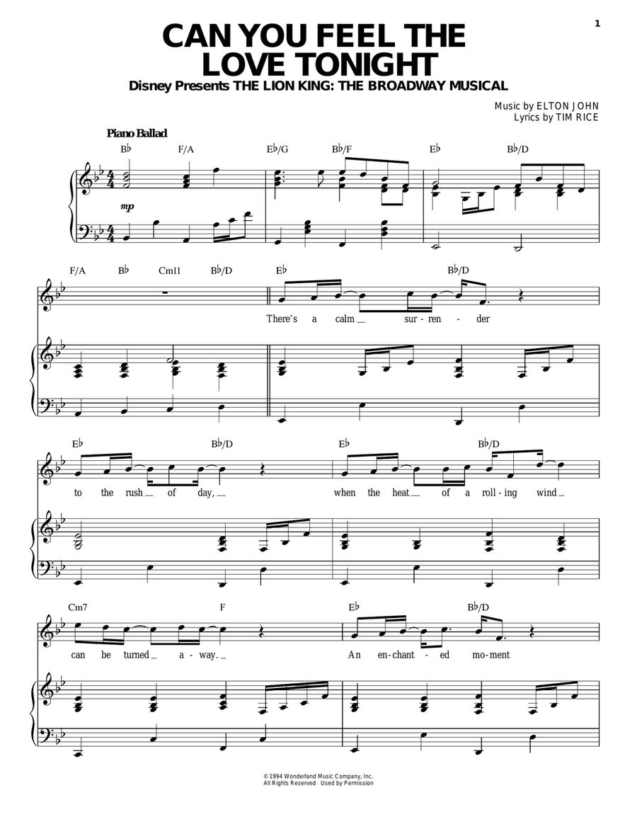 Can You Feel The Love Tonight (from The Lion King) Piano, Vocal scores gallery preview page 1