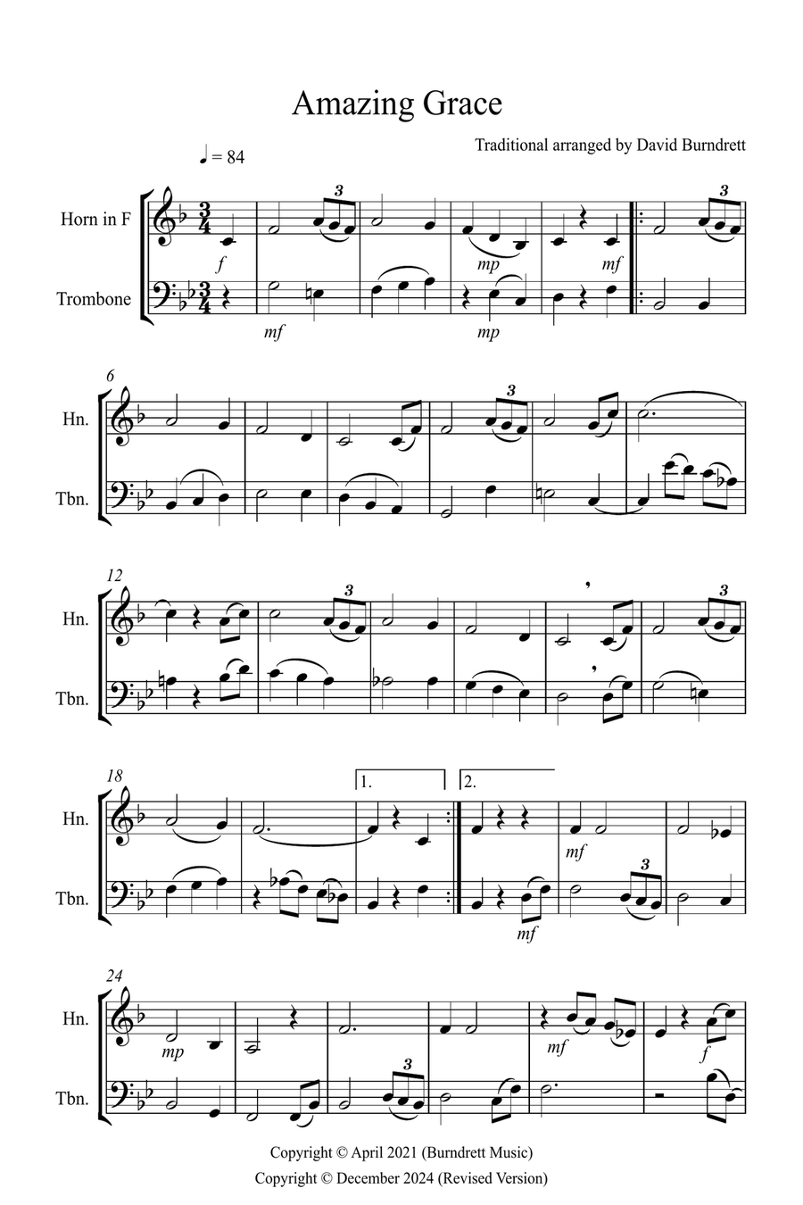 Amazing Grace for Horn and Trombone Duet Brass Duet scores gallery preview page 1