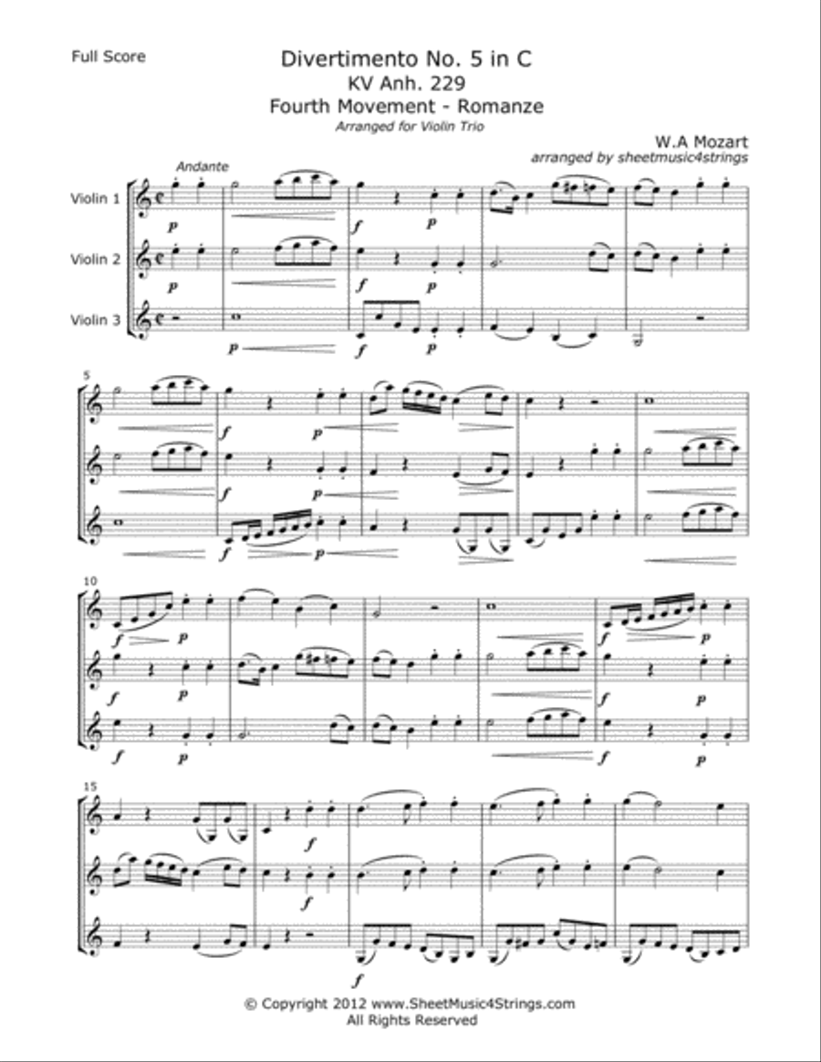 Mozart, W. - Divertimento No. 5 (Mvt. 4) for Three Violins String Trio scores gallery preview page 1