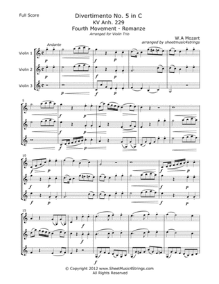 Book cover for Mozart, W. - Divertimento No. 5 (Mvt. 4) for Three Violins