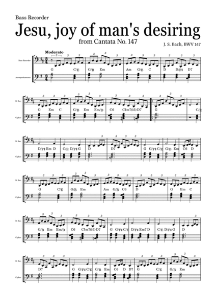JESU, JOY OF MAN'S DESIRING by Bach - easy version for Bass Recorder and piano with chords image number null