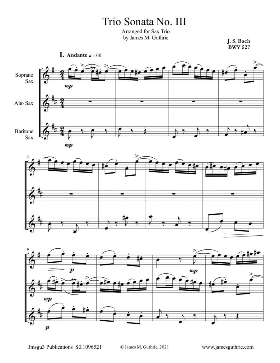 BACH: Trio Sonata No. 3 BWV 527 for Sax Trio Soprano Saxophone scores gallery preview page 1