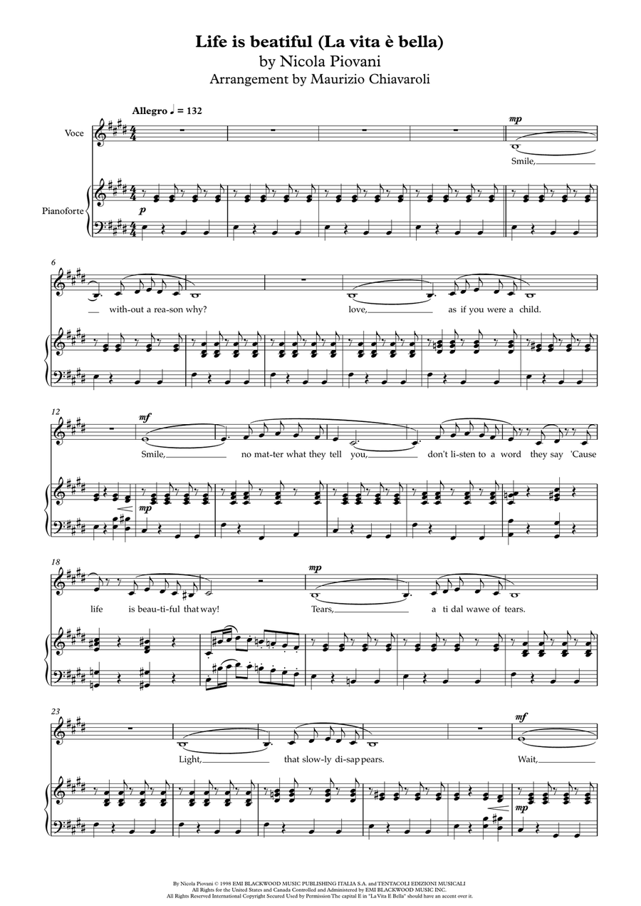 Life Is Beautiful (la Vita E Bella) Piano, Vocal scores gallery preview page 1
