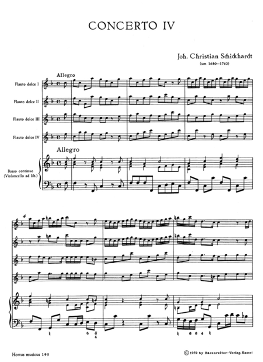 Sechs Konzerte for 4 Treble Recorders and Basso continuo Alto Recorder scores gallery preview page 2