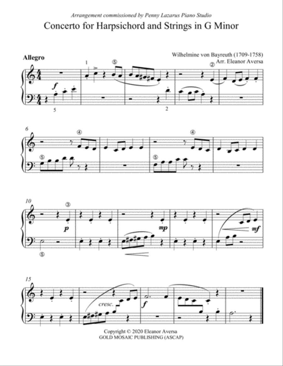 Concerto for Harpsichord and Strings in G Minor - Level 1 piano arrangement Harpsichord scores gallery preview page 1