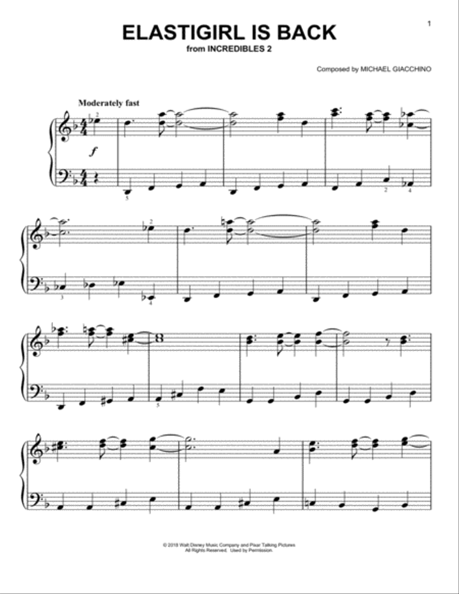 Elastigirl Is Back (from Incredibles 2) Easy Piano scores gallery preview page 1