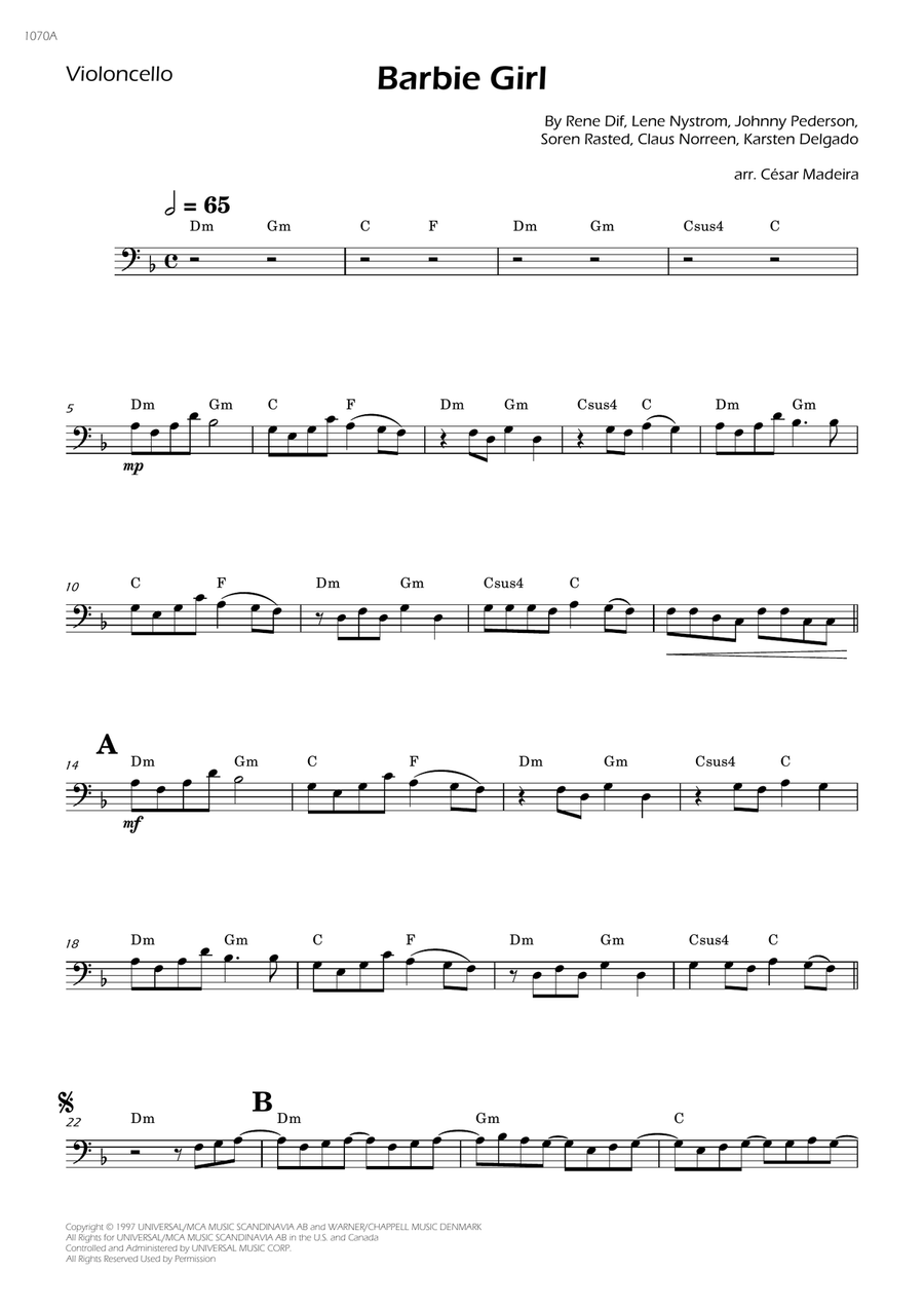 Barbie Girl Cello Solo scores gallery preview page 1