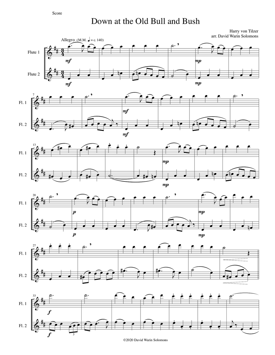 Down at the old Bull and Bush (Under the Anheuser bush) arranged for 2 flutes Flute Duet scores gallery preview page 1