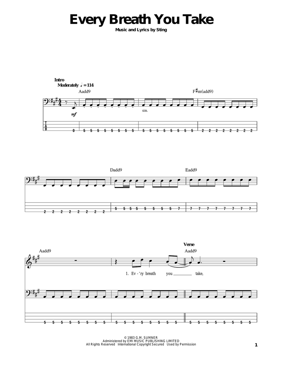 Every Breath You Take Bass Guitar Tablature scores gallery preview page 1
