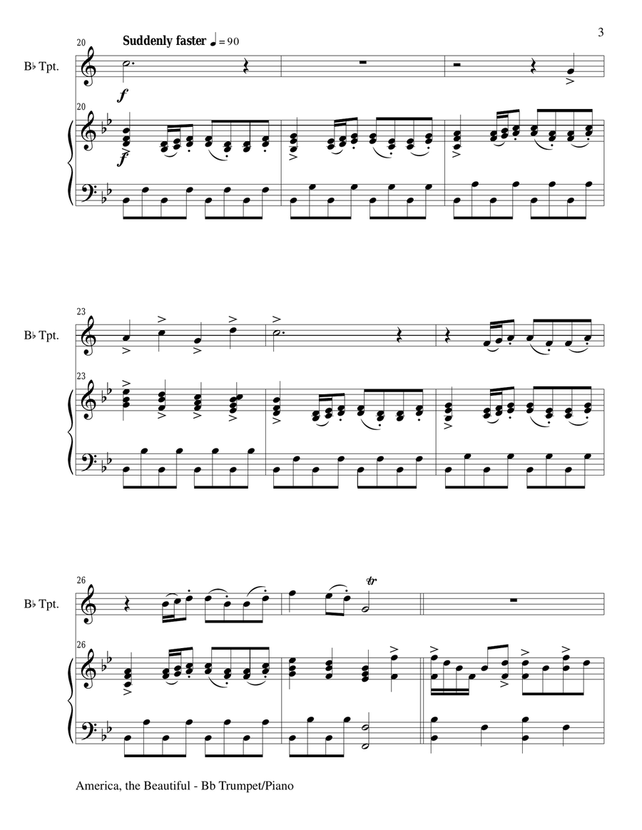 AMERICA, THE BEAUTIFUL (Duet – Bb Trumpet and Piano/Score and Parts) Trumpet Duet scores gallery preview page 3