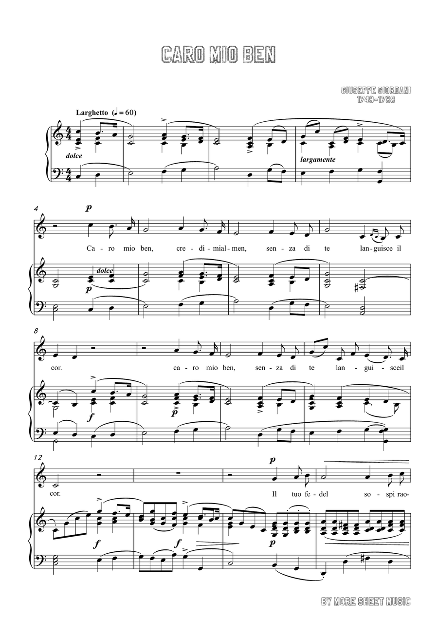Giordani,Giuseppe-Caro mio ben in C Major,for Voice and Piano Piano, Vocal scores gallery preview page 3