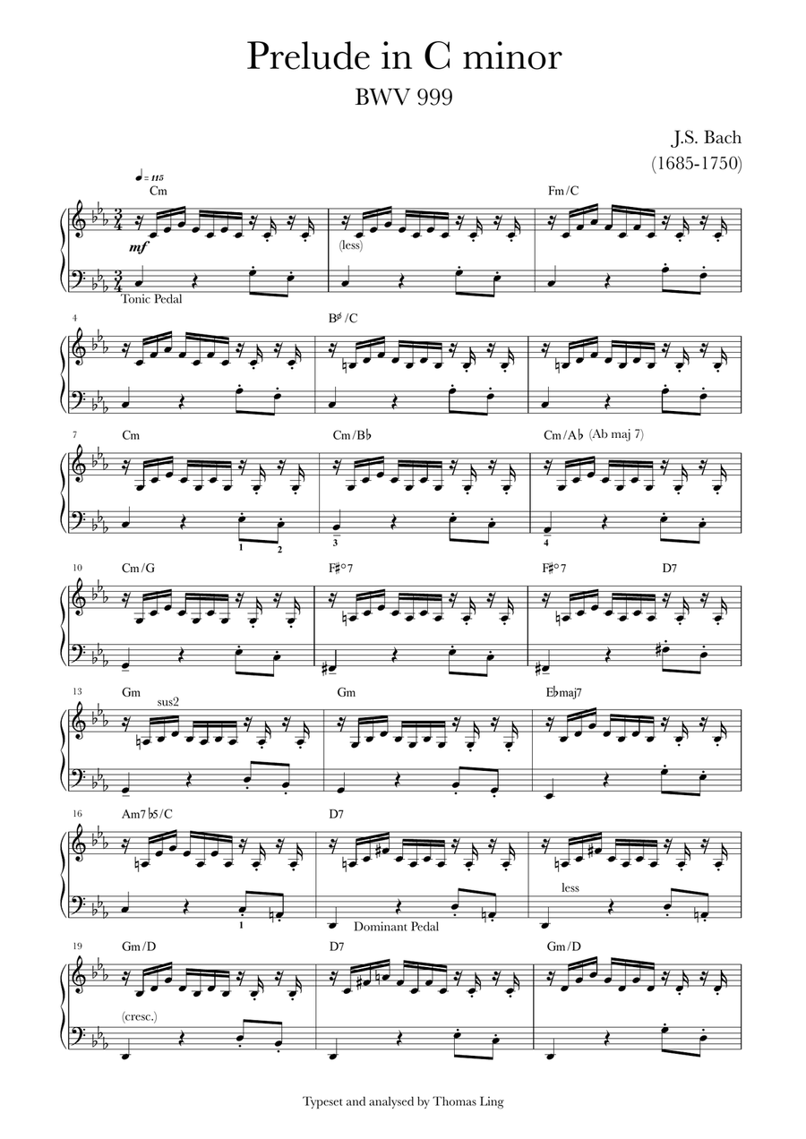 Book cover for Prelude in C minor BWV 999 with labelled chords