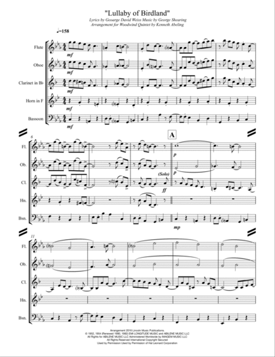 Lullaby Of Birdland Woodwind Quintet scores gallery preview page 2