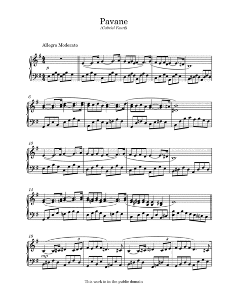 Pavane by Gabriel Faure arranged for easy piano image number null