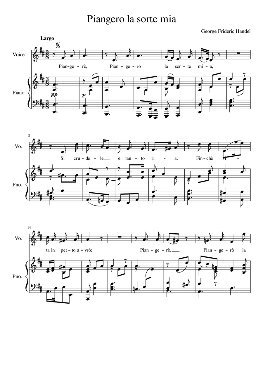 Piangero, la sorte mia - D Major Voice Solo scores gallery preview page 2