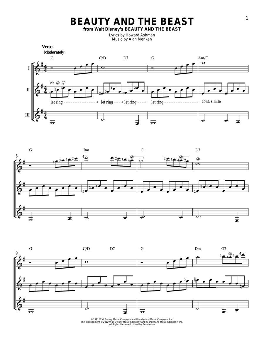 Beauty And The Beast Beauty And The Beast Guitar Ensemble scores gallery preview page 1