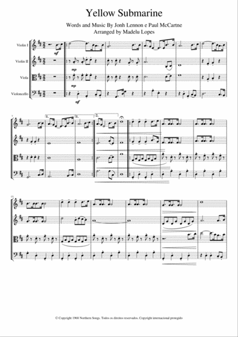 Yellow Submarine (pepperland/yellow Submarine In Pepperland) String Quartet scores gallery preview page 1