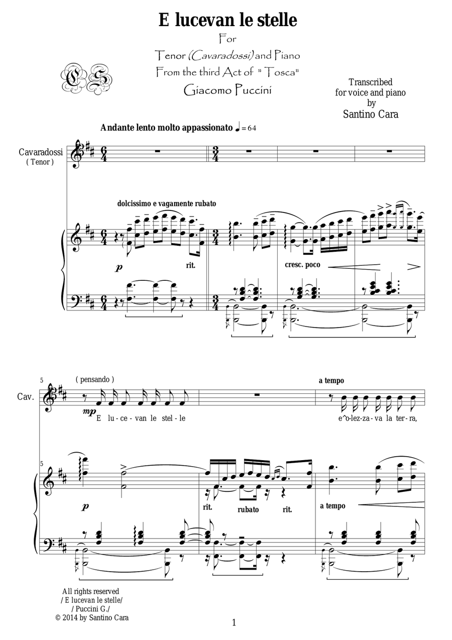 Puccini - Tosca (Act3) E lucevan le stelle - Tenor and piano Tenor Voice scores gallery preview page 1