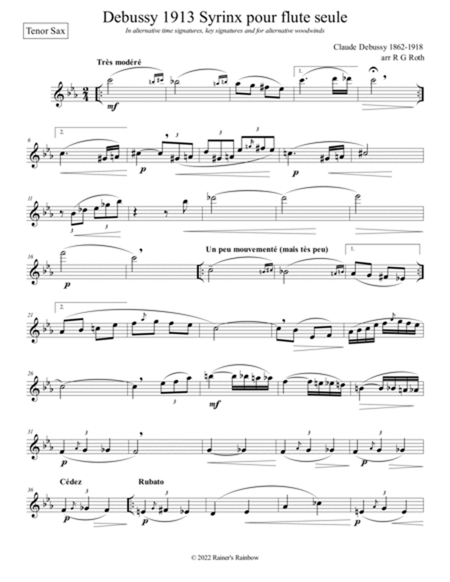 Debussy Syrinx Alto or Tenor Sax Solo