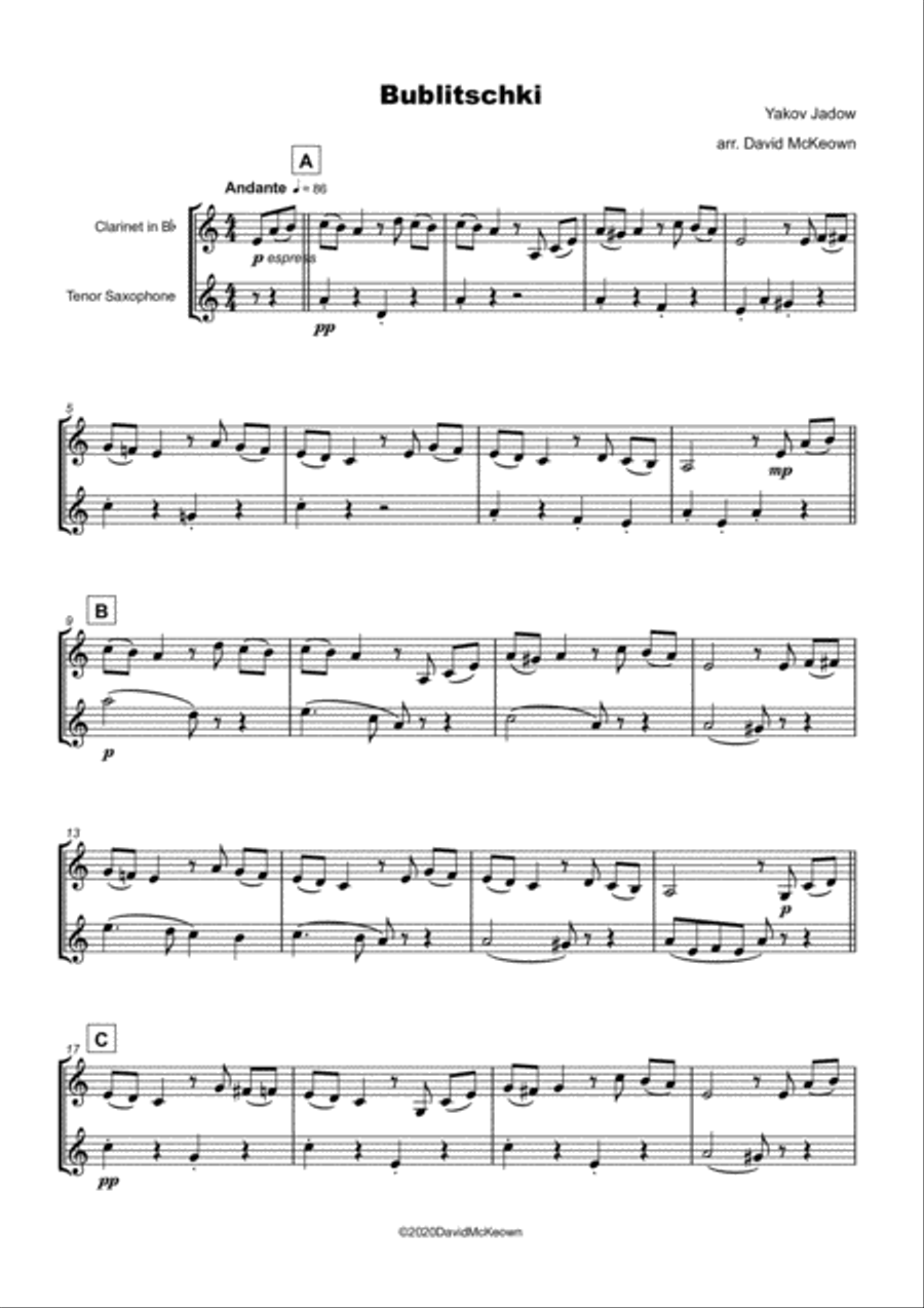 Bublitschki, Russian Klezmer song for Clarinet and Tenor Saxophone Duet Woodwind Duet scores gallery preview page 2