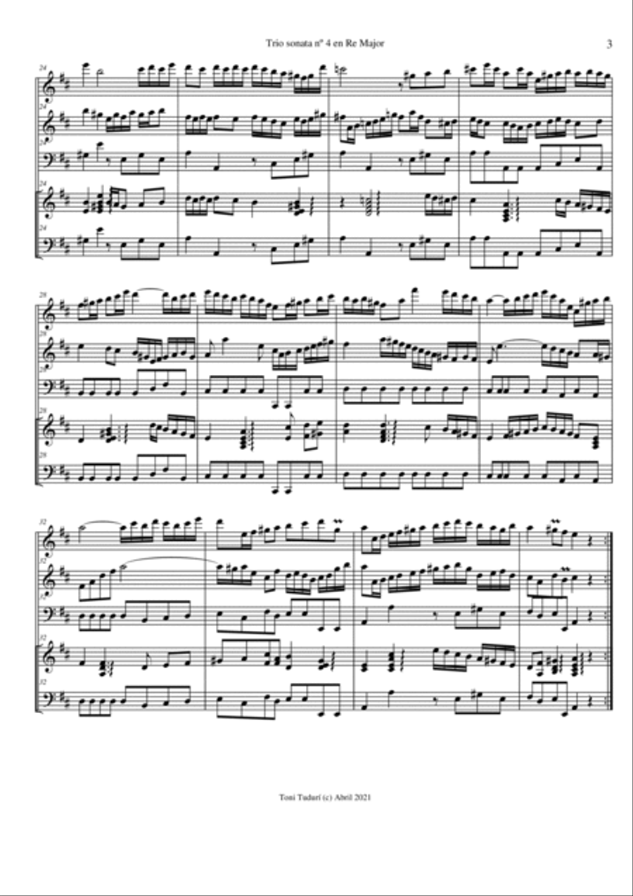 Trio sonata nº4 in D Major for flute, violin & cello or 2 violins & cello and basso continuo (SCORE Small Ensemble scores gallery preview page 3