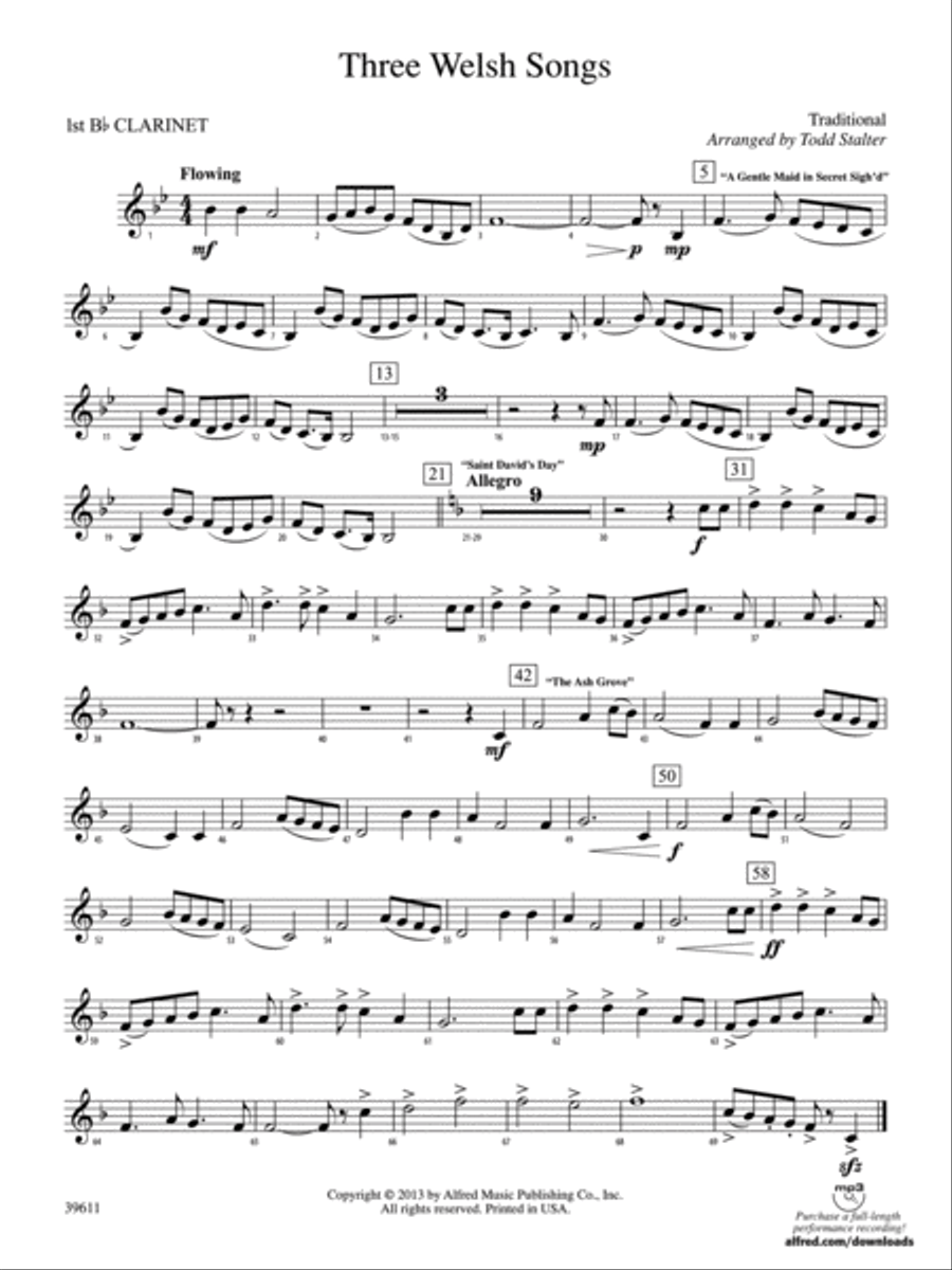 Three Welsh Songs: 1st B-flat Clarinet Concert Band scores gallery preview page 1
