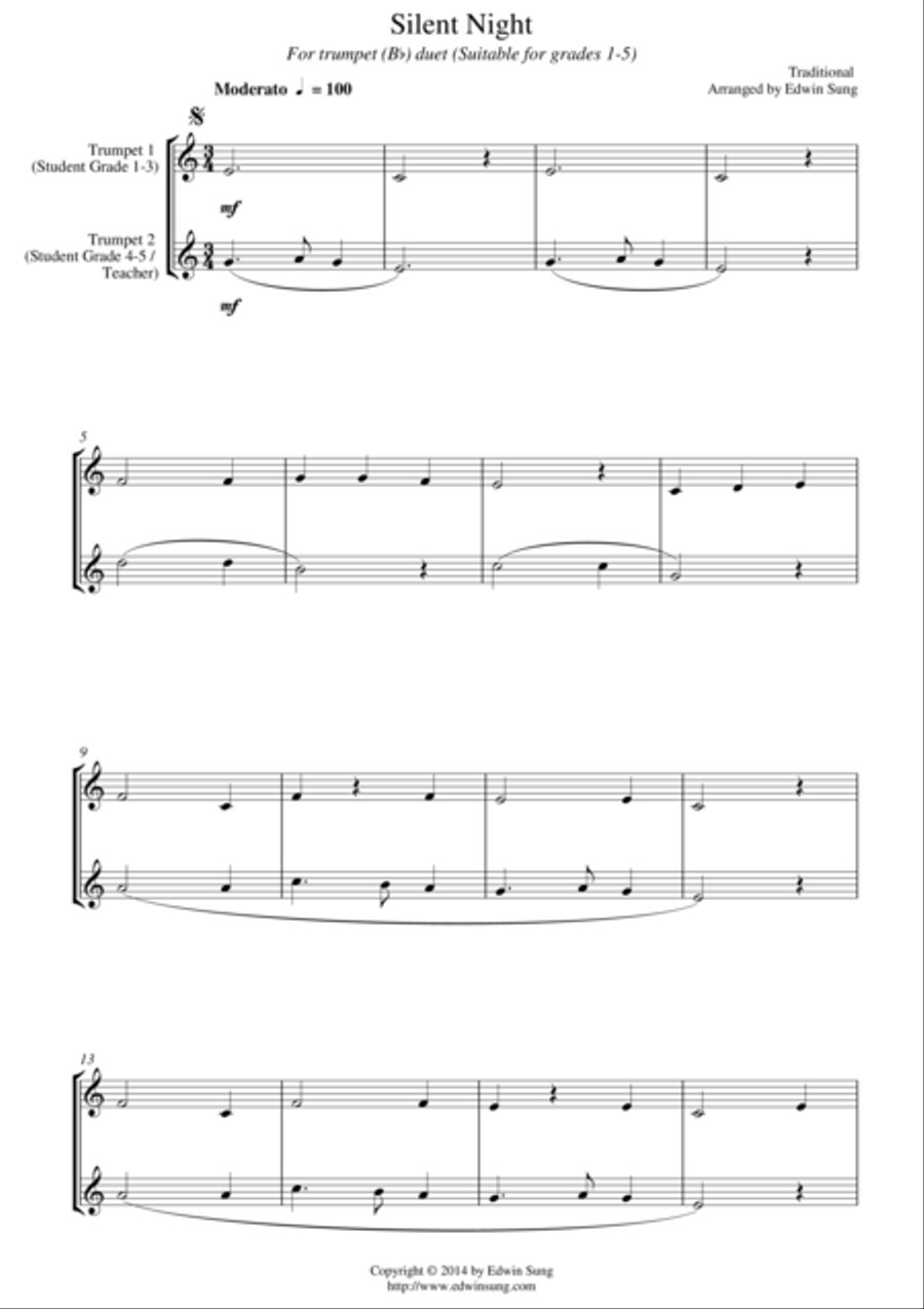 Silent Night (for trumpet (Bb) duet, suitable for grades 1-5) Trumpet Duet scores gallery preview page 1