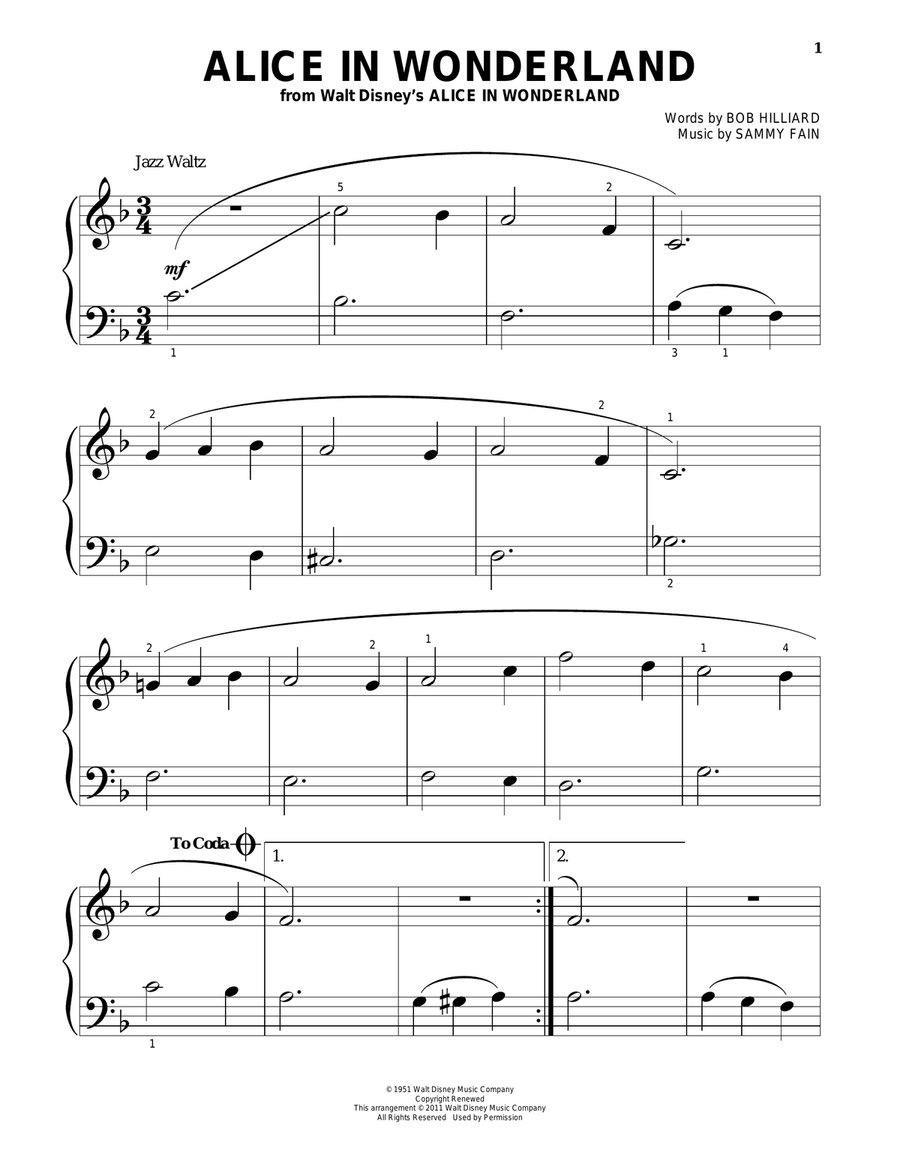 Alice In Wonderland Easy Piano scores gallery preview page 1