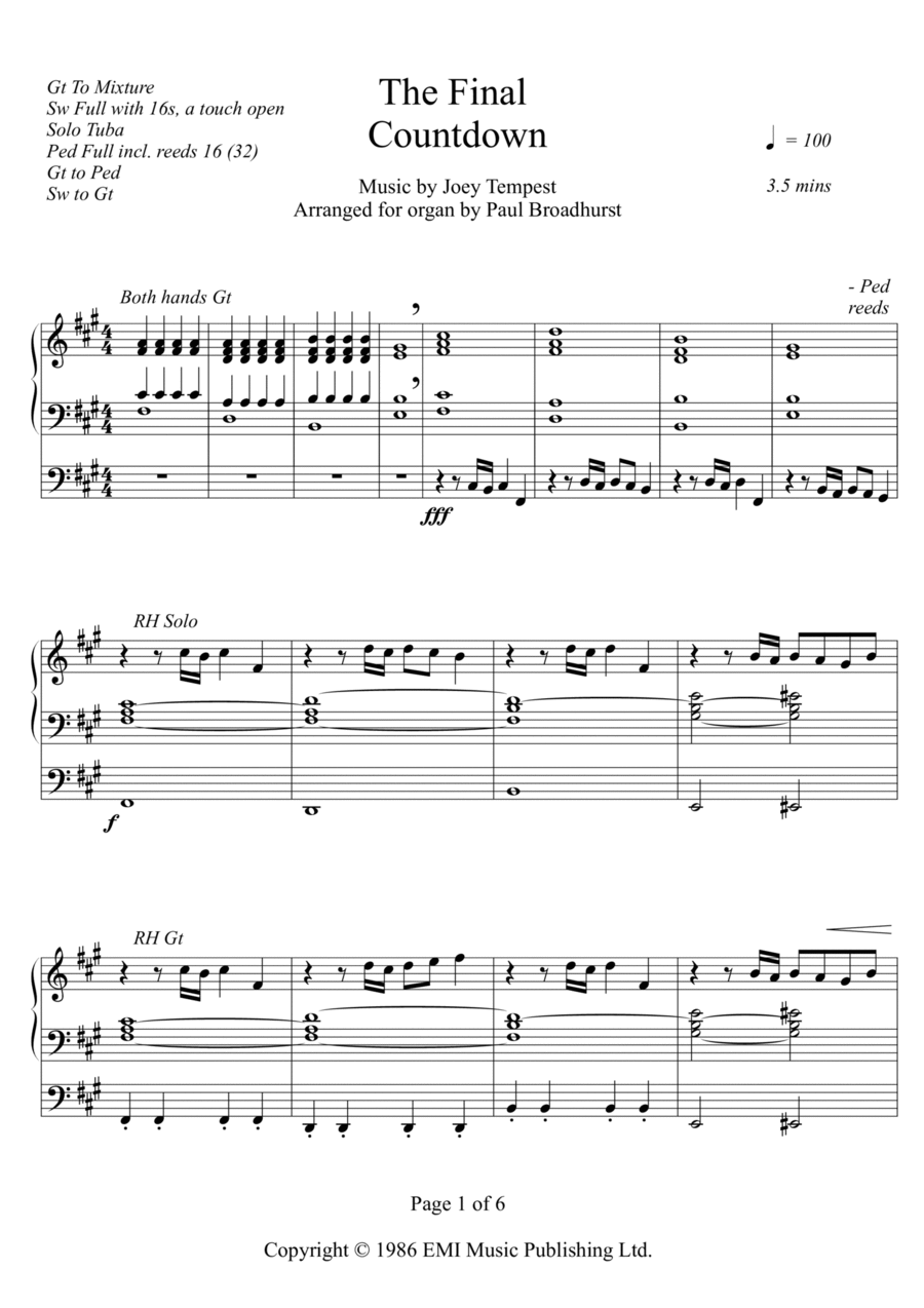 The Final Countdown Organ Solo scores gallery preview page 1