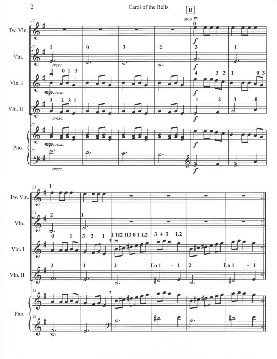 Carol of the Bells for Violin Ensemble of four parts, on different ability levels, from pre-Twinkle 4-Part scores gallery preview page 5