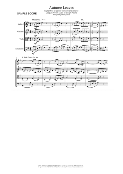 AUTUMN LEAVES String Quartet, Intermediate Level of 2 violins, viola and cello image number null