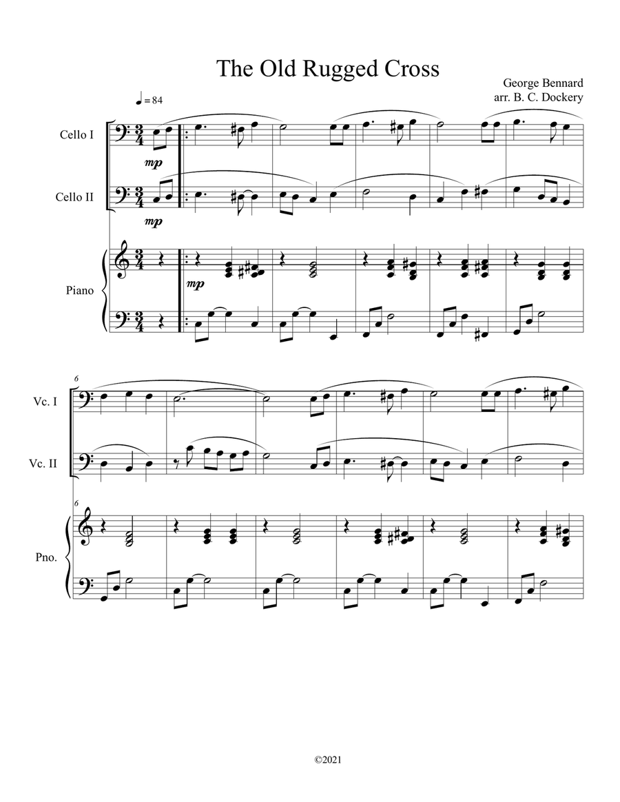 The Old Rugged Cross (cello duet) with optional piano accompaniment String Duet scores gallery preview page 1