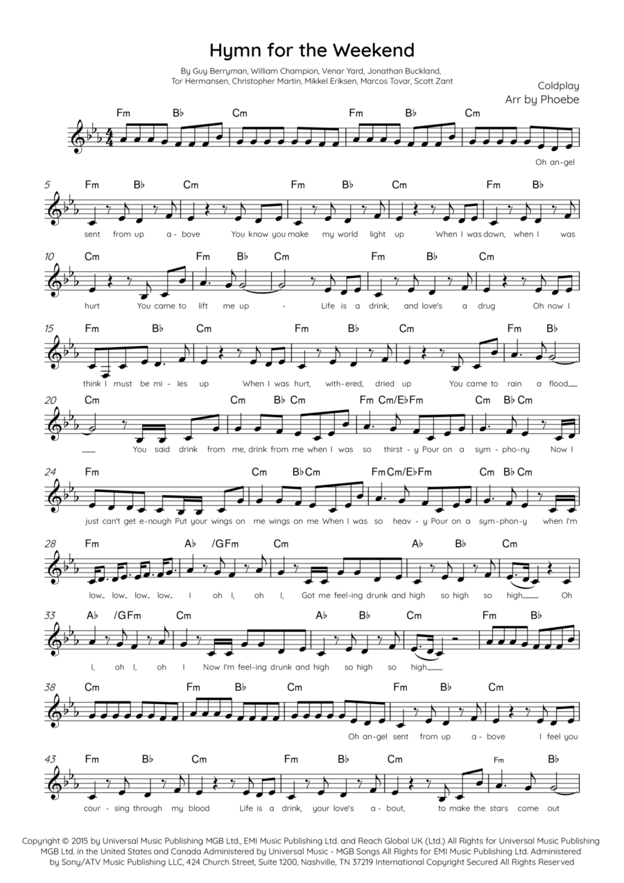 Hymn For The Weekend Piano scores gallery preview page 1
