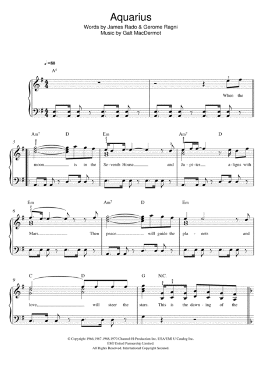 Aquarius (from 'Hair') Easy Piano scores gallery preview page 1