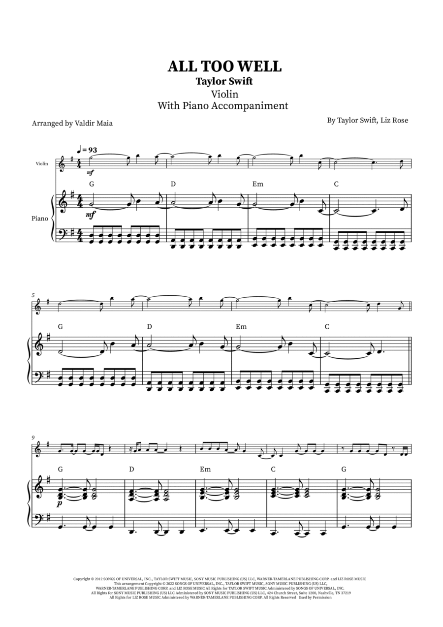 All Too Well All Too Well Violin Solo scores gallery preview page 1