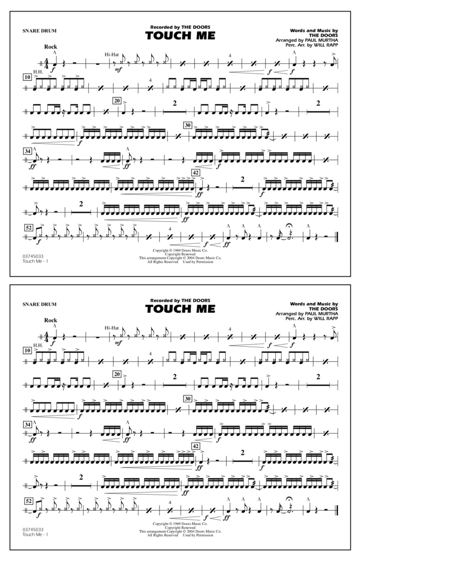 Touch Me (arr. Paul Murtha) - Snare Drum Marching Band scores gallery preview page 1