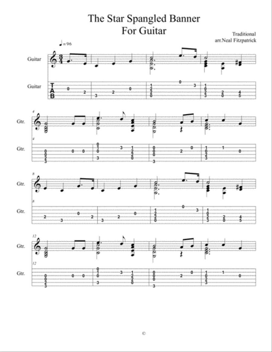 The Star Spangled Banner For Guitar Solo-Beginner Level Acoustic Guitar scores gallery preview page 1