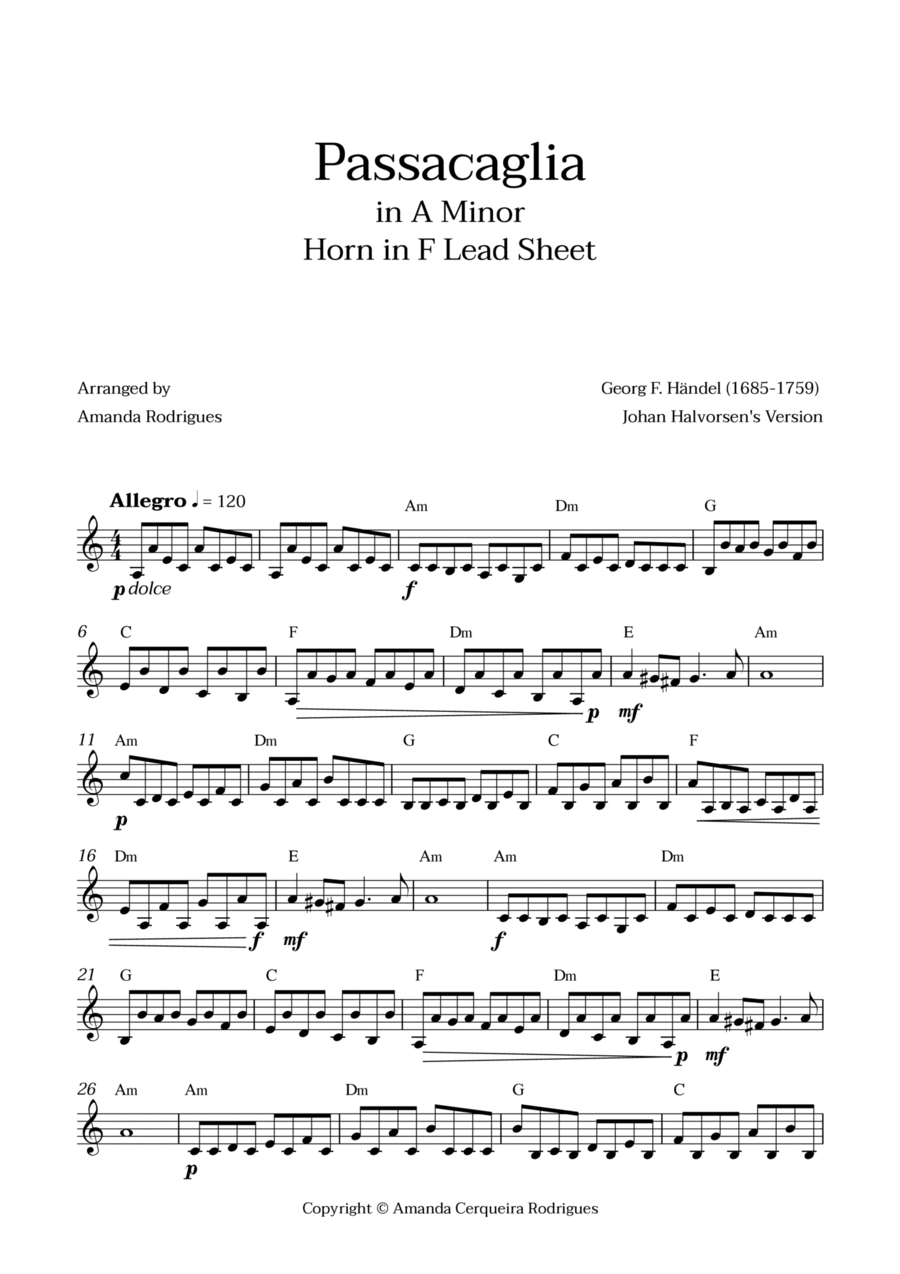 Passacaglia - Easy Horn in F Lead Sheet in Am Minor (Johan Halvorsen's Version) Easy Piano scores gallery preview page 1