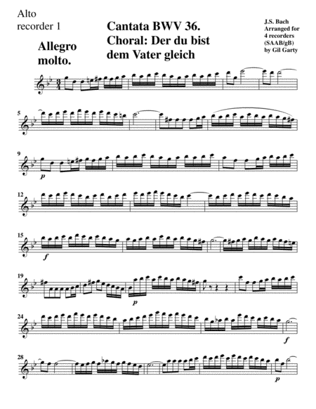 Choral: Der du bist dem Vater gleich from cantata BWV 36 (Arrangement for 4 recorders) image number null
