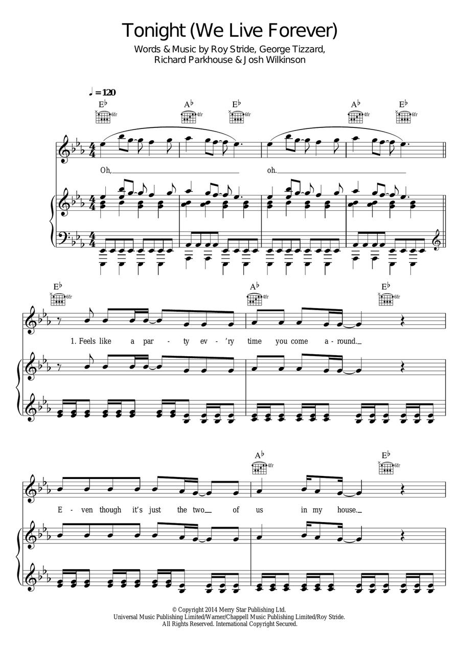 Tonight (We Live Forever) Piano, Vocal, Guitar scores gallery preview page 1