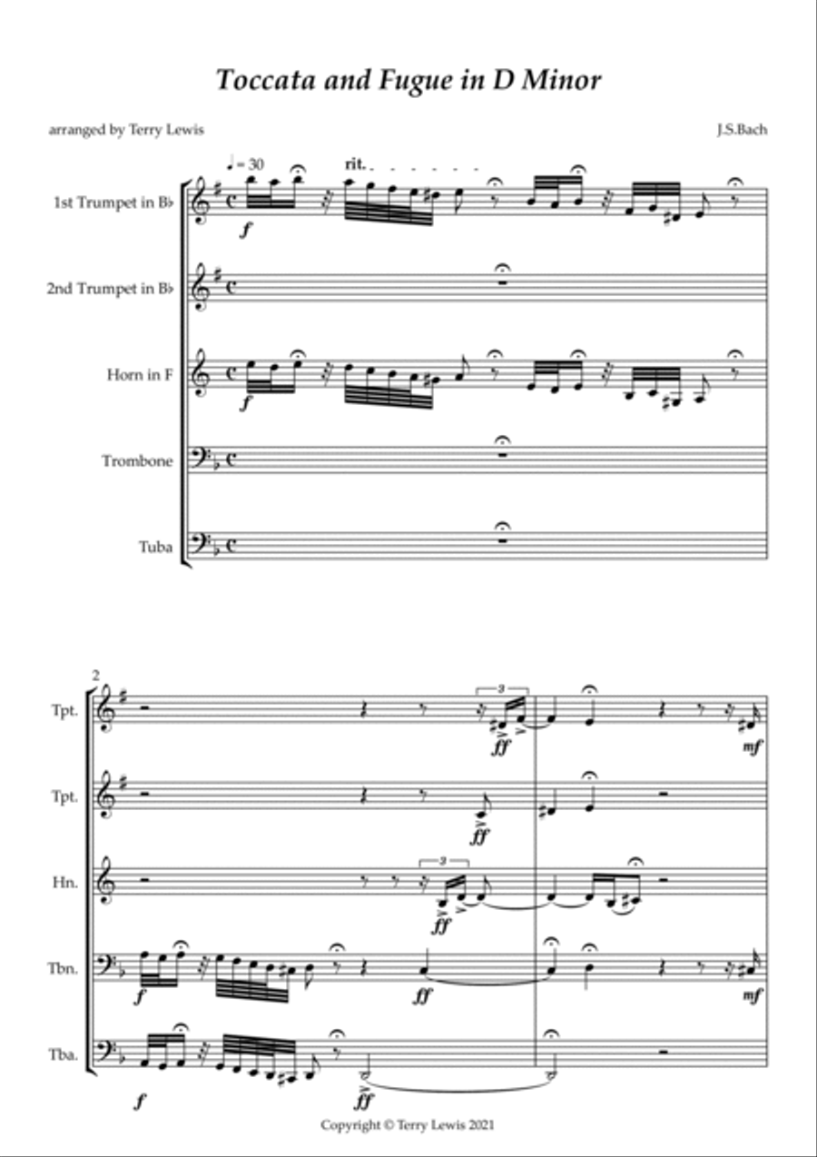 Toccata and Fugue in D minor for Brass quintet Brass Quintet scores gallery preview page 2