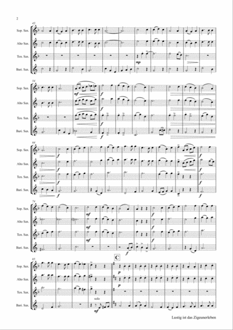 Lustig ist das Zigeunerleben - German Folk Song - Oktoberfest - Saxophone Quartet Saxophone Quartet scores gallery preview page 2