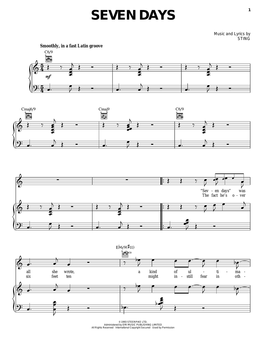 Seven Days Seven Days Piano, Vocal, Guitar scores gallery preview page 1