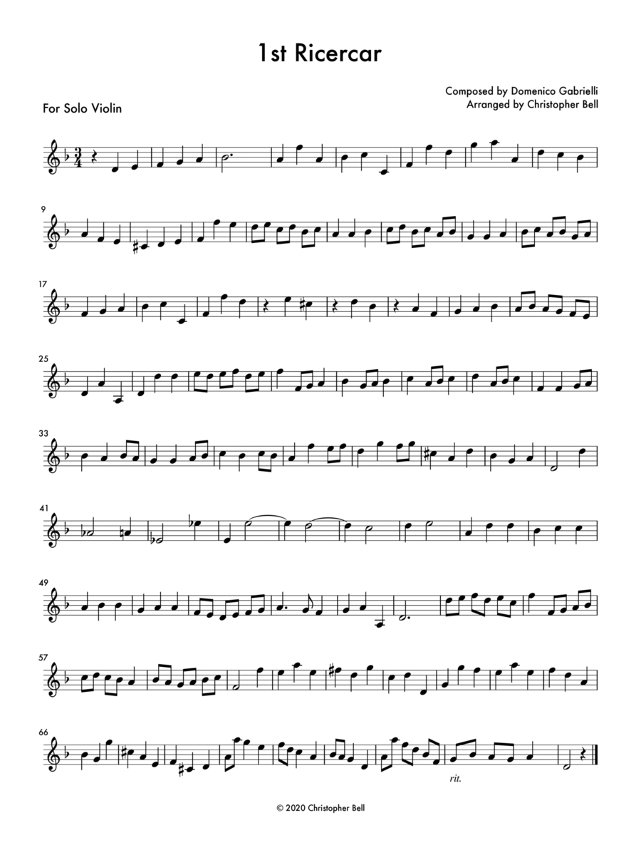 1st Ricercare - Gabrielli Violin Solo scores gallery preview page 1