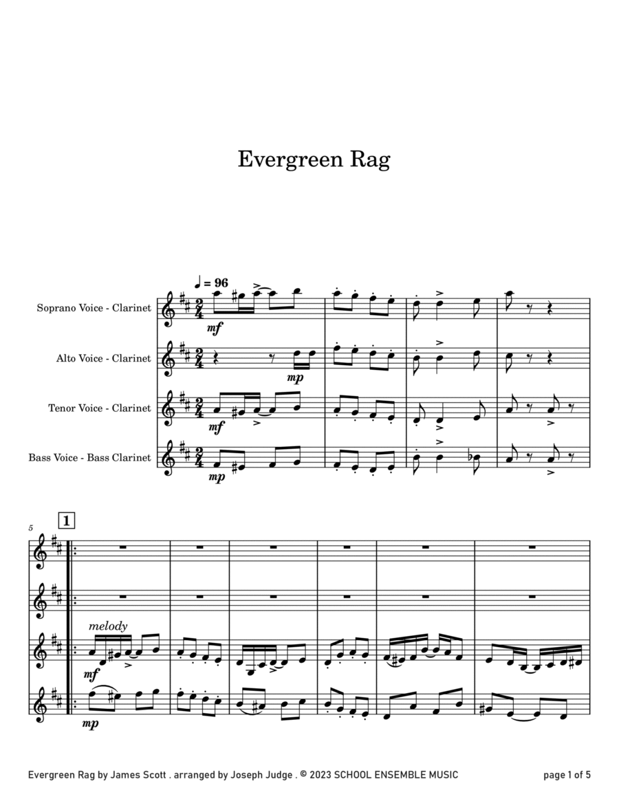 Evergreen Rag by James Scott for Clarinet Quartet in Schools Clarinet Quartet scores gallery preview page 1