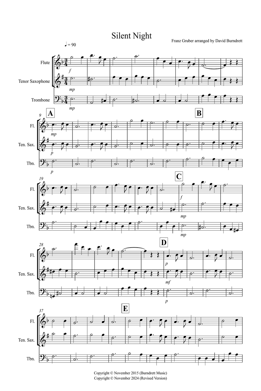 Silent Night for Flute, Tenor Saxophone and Trombone Trio