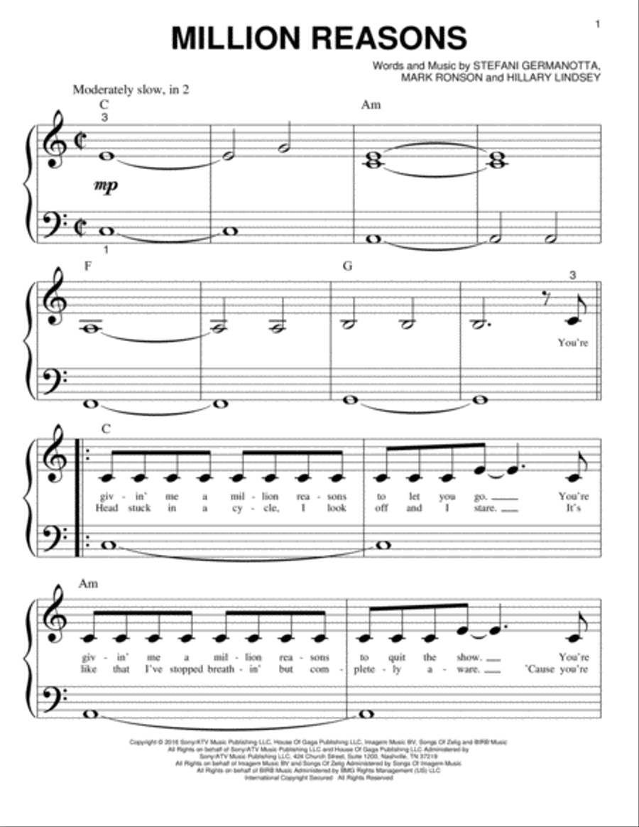 Million Reasons Million Reasons Easy Piano scores gallery preview page 1