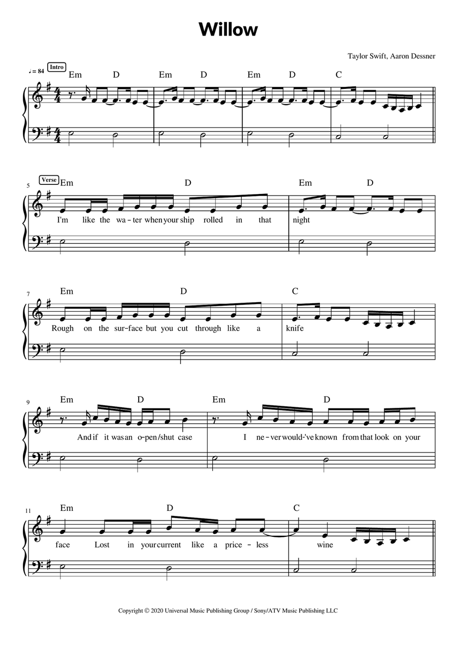 Willow Piano, Vocal scores gallery preview page 1