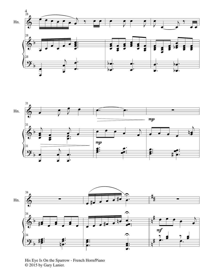 HIS EYE IS ON THE SPARROW (Duet – French Horn and Piano/Score and Parts) by Charles H. Gabriel Brass Duet - Digital Sheet Music page 5