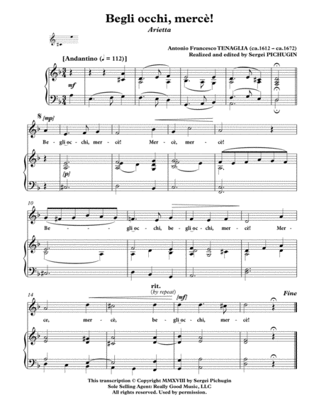 TENAGLIA Antonio Francesco:Begli occhi, mercè!, arietta for Voice and Piano (D minor) image number null